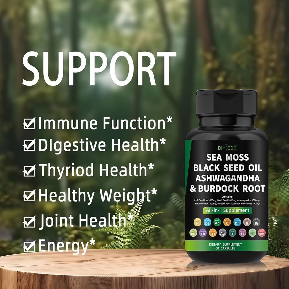 "Sea Moss capsules next to raw Irish sea moss – rich in iodine, zinc, and antioxidants."
