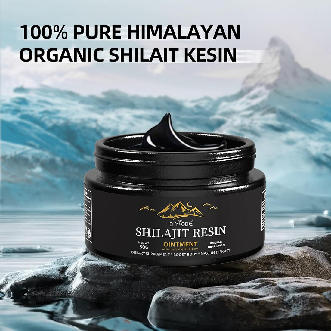 Glass jar of pure Himalayan Shilajit resin with black  black mineral rich inside.
