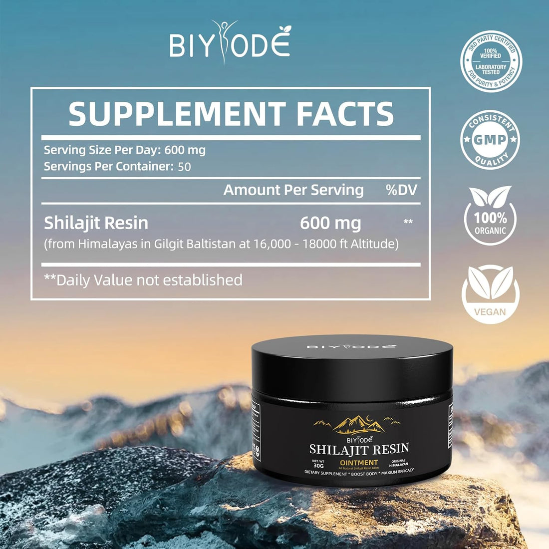Glass jar of pure Himalayan Shilajit resin with black  black mineral rich inside.