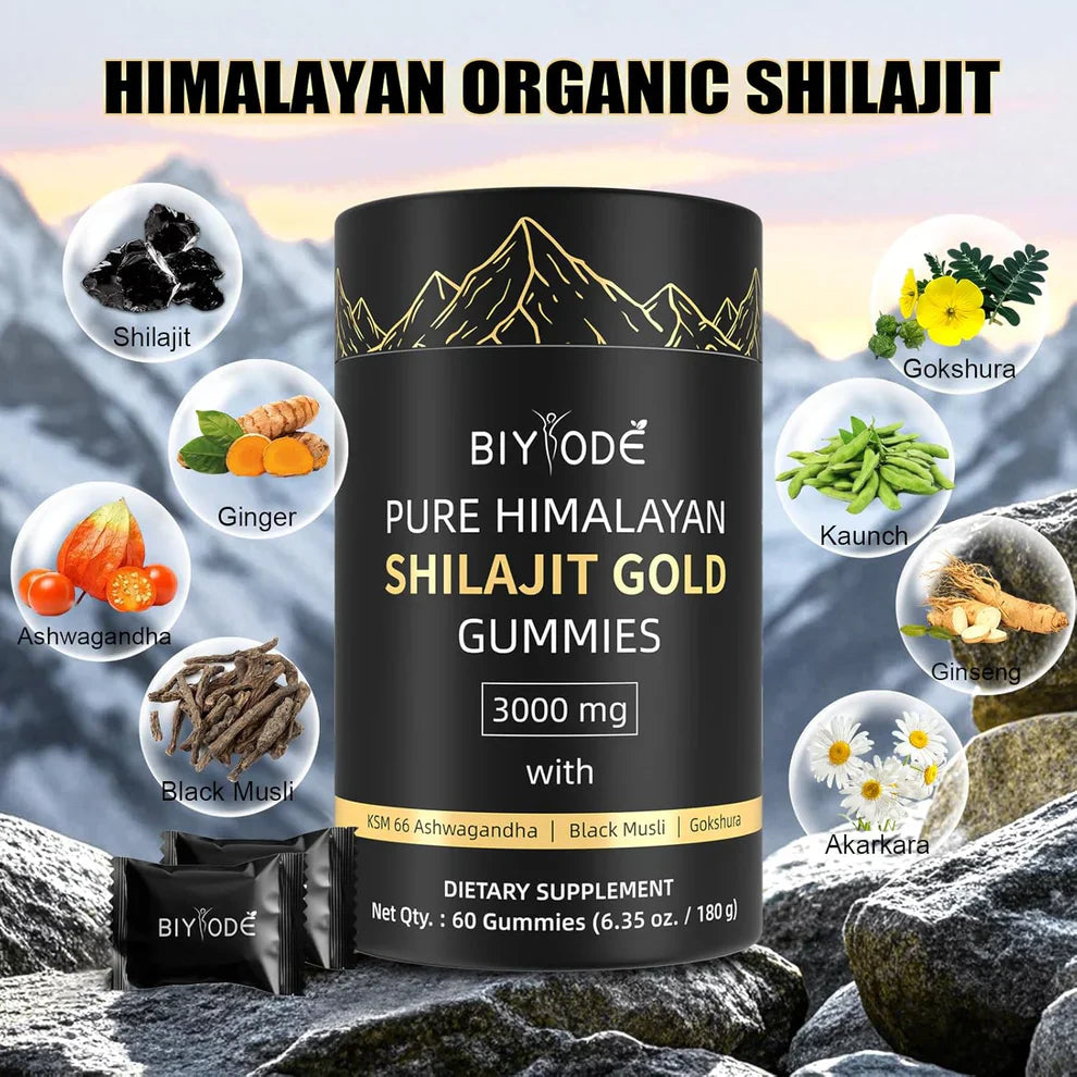Shilajit Gummies jar placed with Himalayan rock, resin chunk, and herbs for natural energy theme