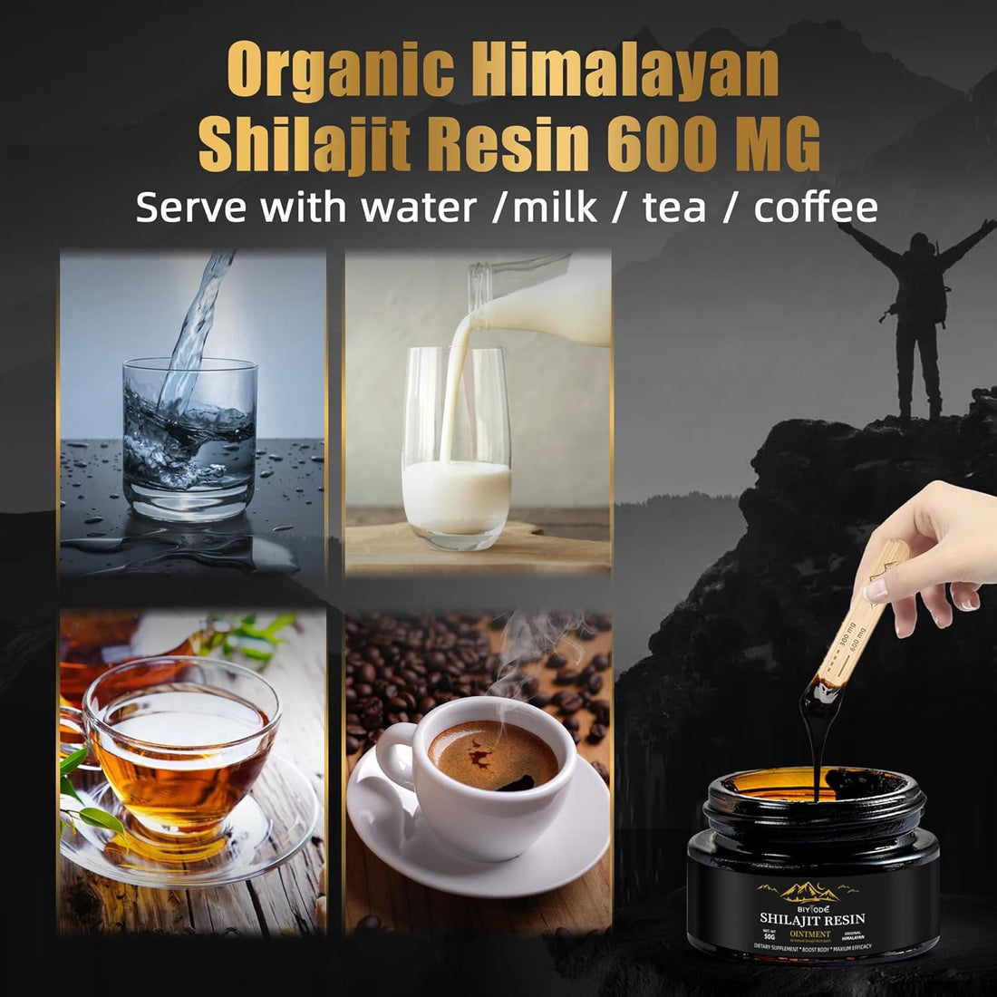 Glass jar of pure Himalayan Shilajit resin with black  black mineral rich inside.
