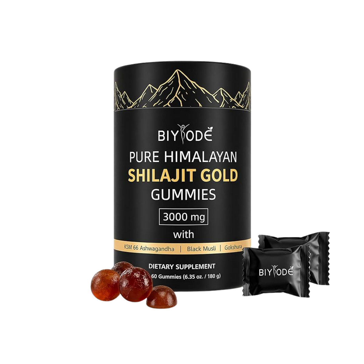 Shilajit Gummies jar placed with Himalayan rock, resin chunk, and herbs for natural energy theme