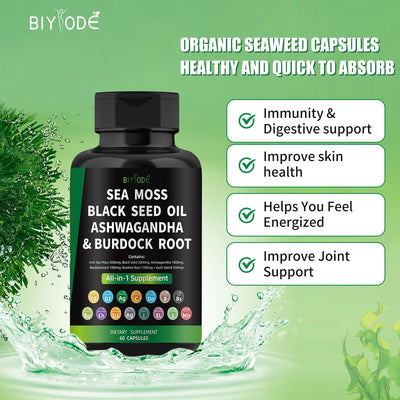 Get daily nutrition with Sea Moss Capsules rich in iodine, zinc, and iron. Natural supplement for energy, skin, and overall health.


